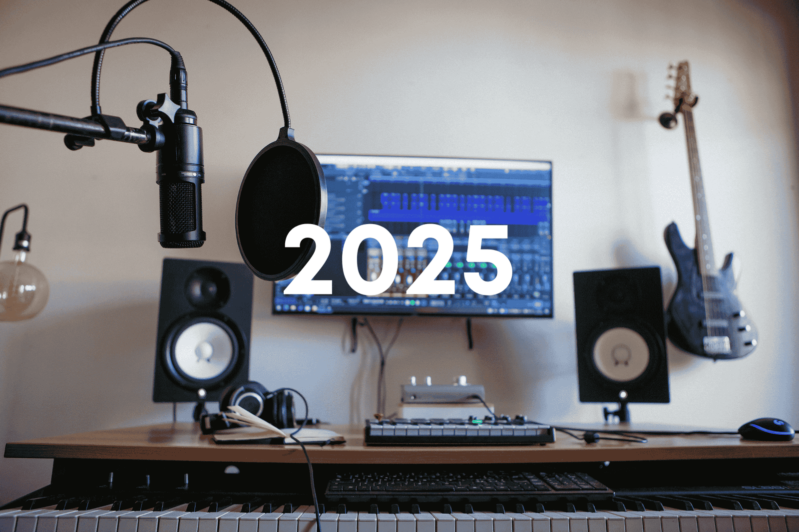 Musikproduktion starten 2025: modernes Homestudio mit 2025-Schriftzug